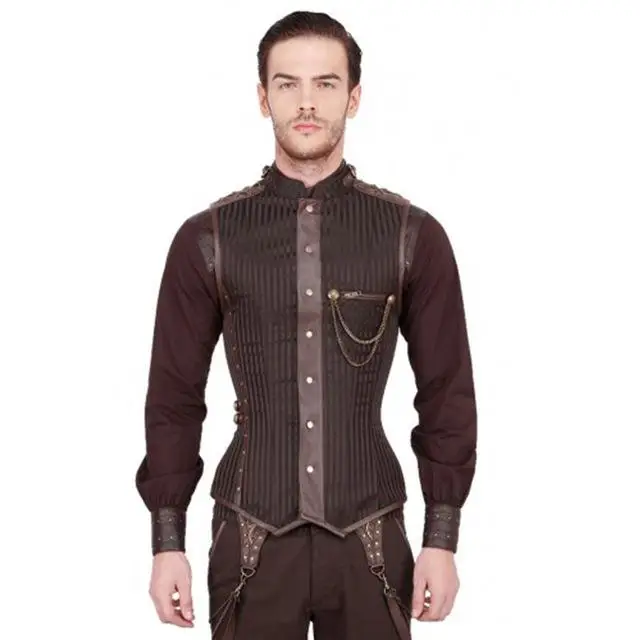 Brown Brocade Black Striped Stand Collar Sleeveless Mens Steampunk