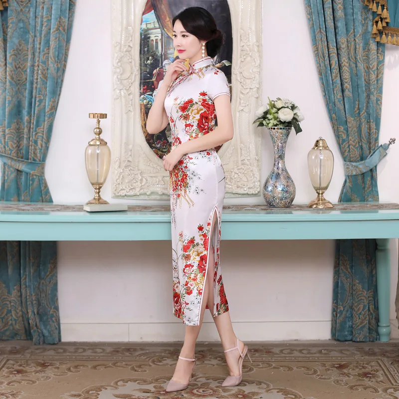 White Chinese Women Qipao Plus Size 3XL Vantage Print Flower Cheongsam Stain Long Slim Dresses Elegant Female Chinese Dress