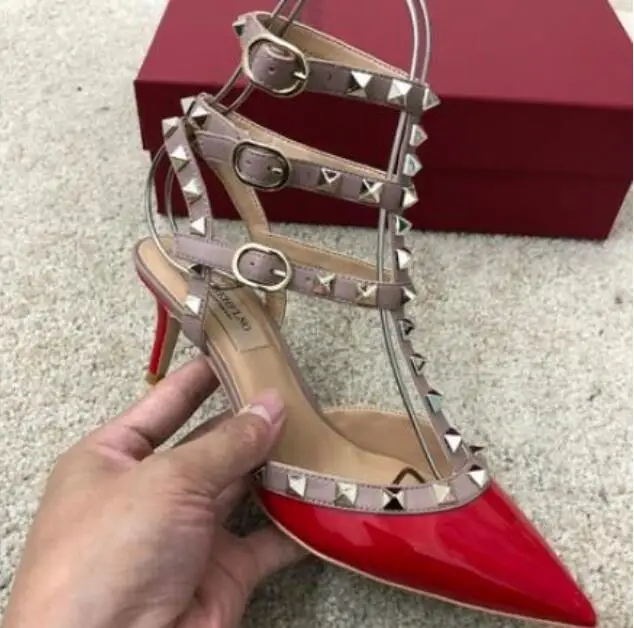 

women sandal high heel shoes v brand patent leather wedding shoes 6cm 8cm 10cm genuine leather high heel sandal 34-43 with box