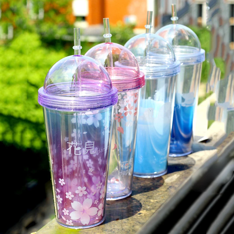 Water Bottles Straw Bottles For Water Plastic Transparent Portable Flower Drinking bottle Drinkware C2