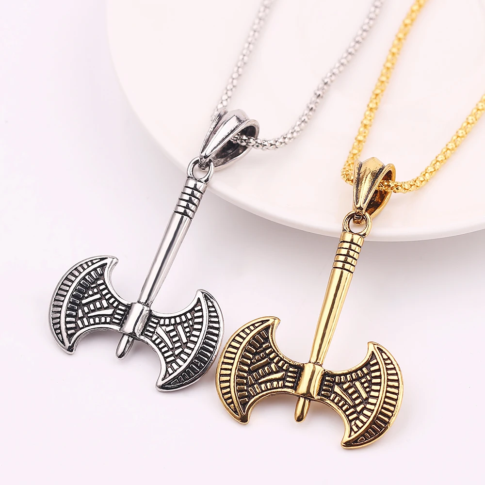 

Punk Double Sided Axe Pendant Long Necklace For Men Gold Silver Color Choker Gold Silver Color Male Personality Jewelry Gifts