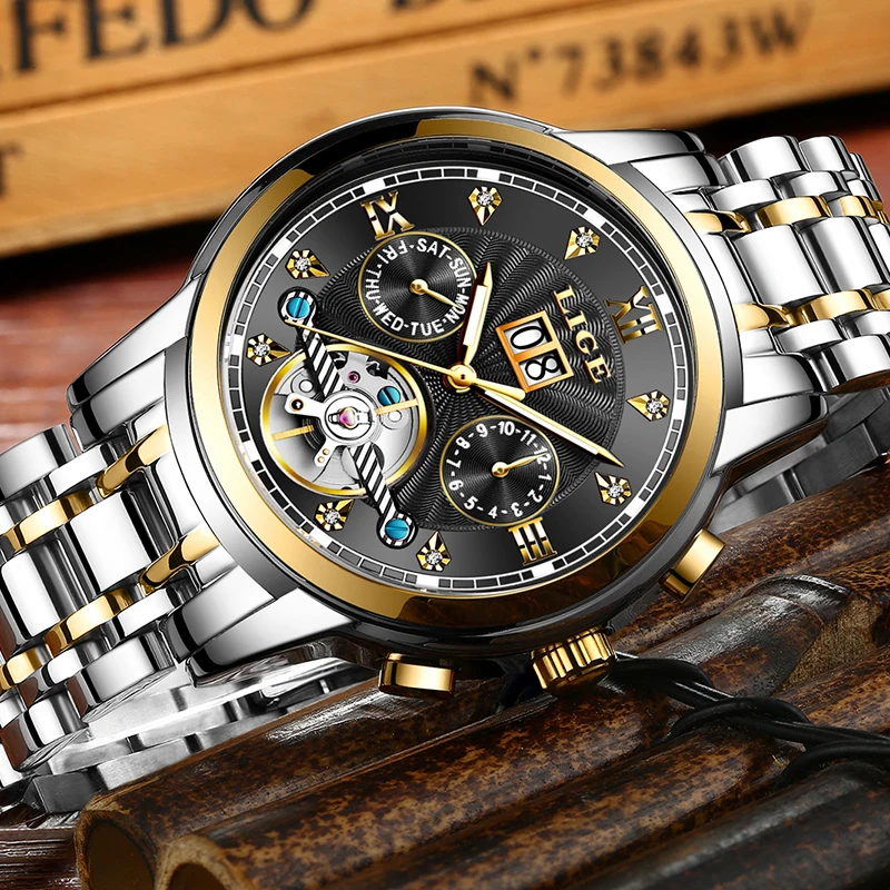 

2019 LIGE Mens Watches Top Brand Luxury Golden Mechanical Automatic Wrist Watch Skeleto Dial Waterproof Sport Watch Week Clock