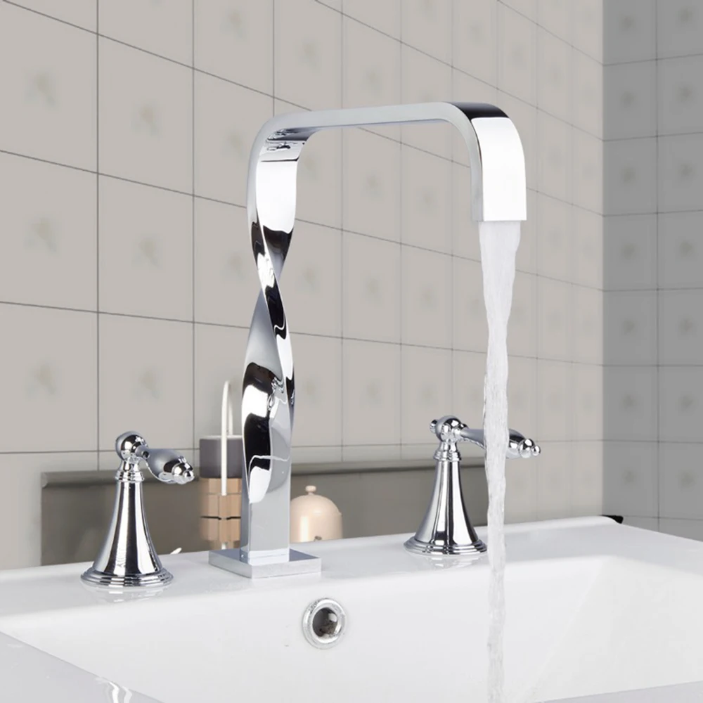 Grand Delicate Basin Faucet Brass Polished Deck Mounted Dual Handle Hot Cold Waterfall Mixer Excellent Basin Faucet