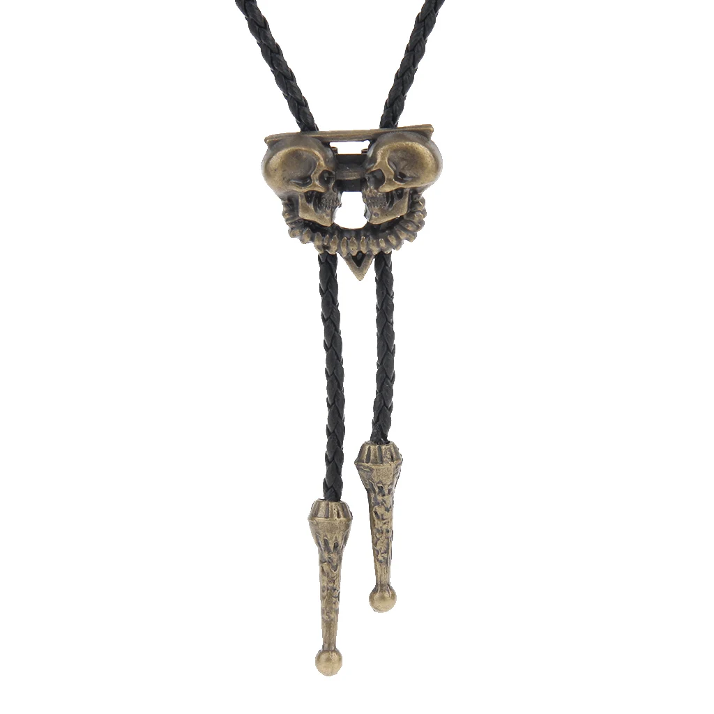 Western Cowboy American Skull Head Bolo Bola Tie Long Leather Necklace Men's Dancewear Accessories