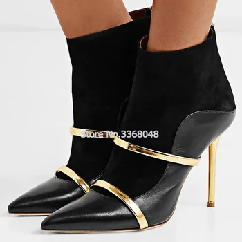 

2018 Autumn Winter Women Patchwork Gold Metal Decor Boots 8.5 or 10.5 CM Heels High Quality Genuine leather Woman Shoes Black