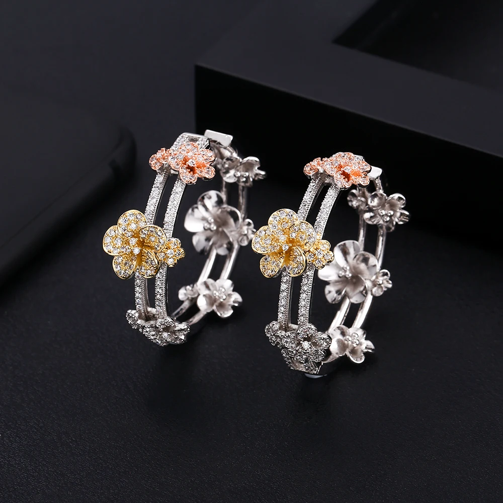 

janeklly trendy Geometric flower Hoop Earrings For Women Accessories Full Cubic Zirconia Earrings Jewelry pendientes mujer moda