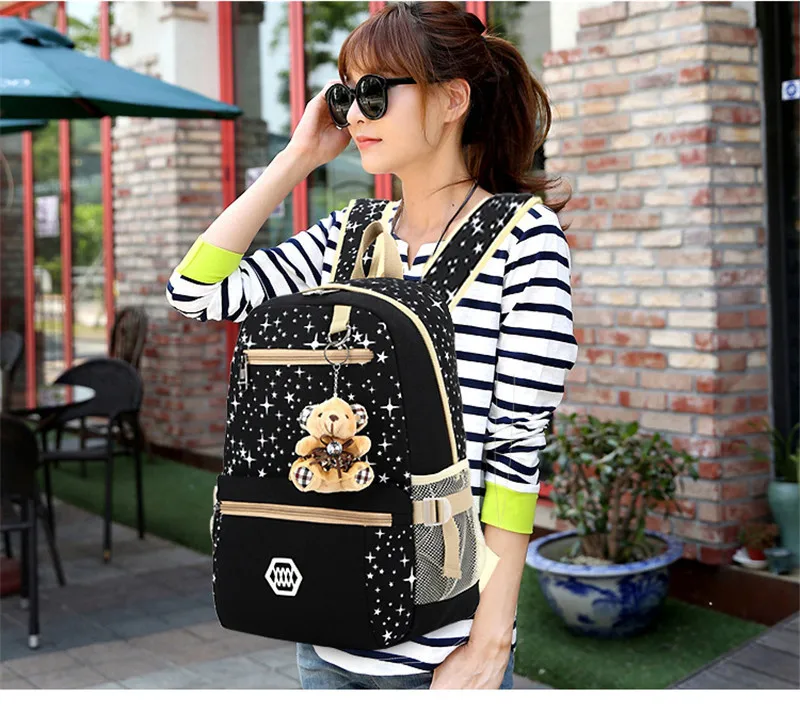 3pcs/set Women Backpack School Bags Star Printing Cute Backpacks Bear Teenagers