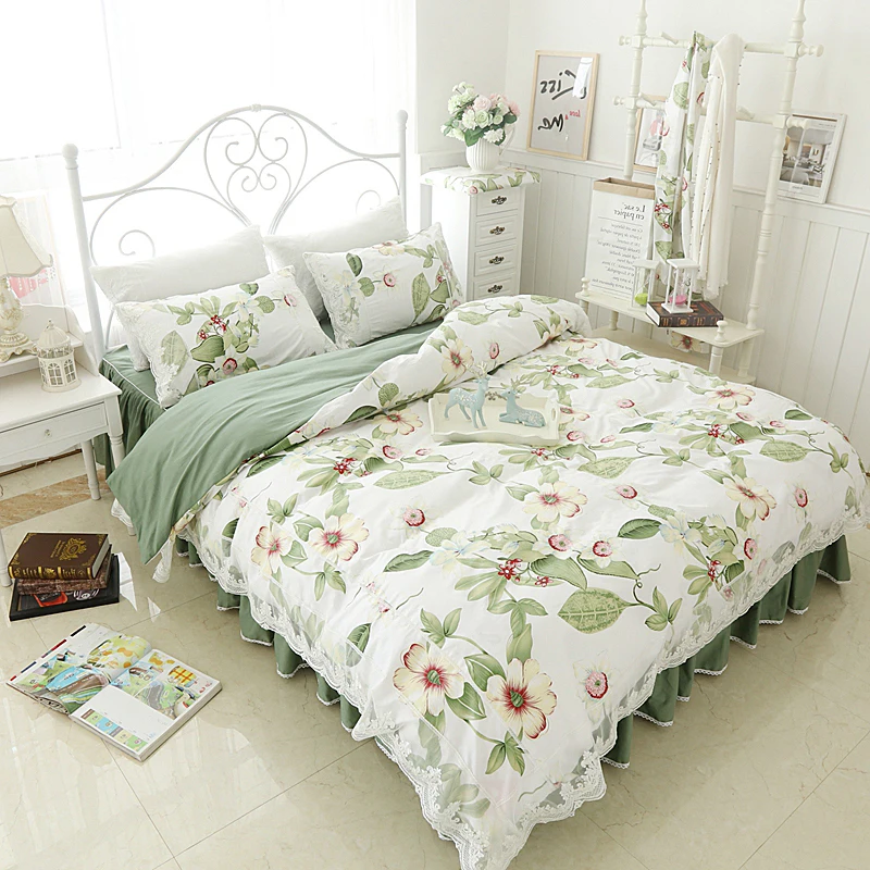 Floral Bedding Green Bed Skirt Lace Bed Linen Green Bed ...
