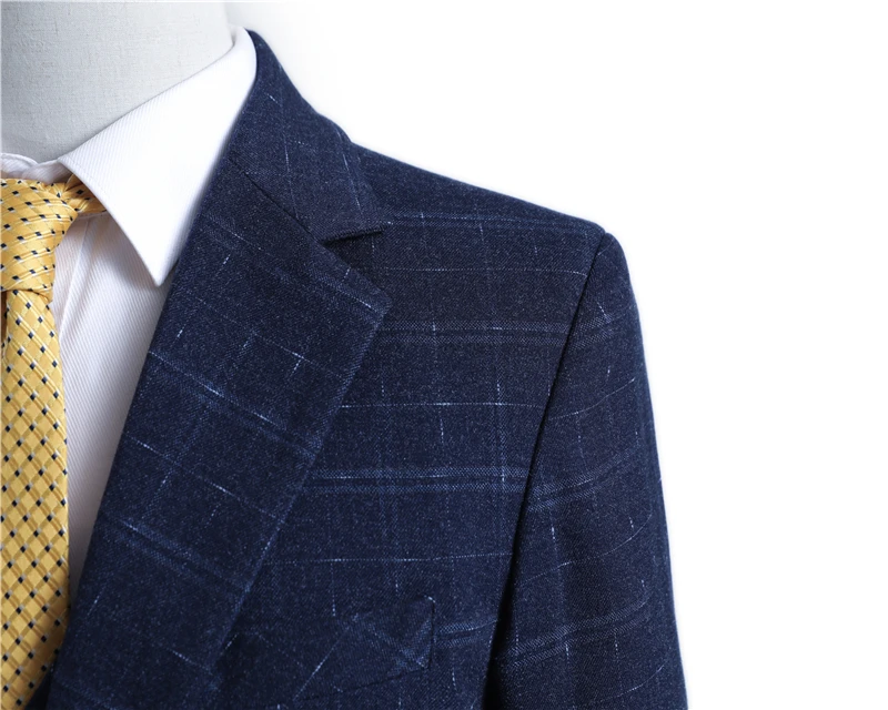 Slim Fit Navy Blue Damier Men Suit Terno Slim Fit Two Buttons Terno Masculino Wedding Suits for Men (Jacket+Vest+Pant)