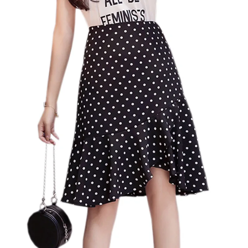 

2018 Korean Elegant Black White Polka Dot Chiffon Skirt Women Bohemia Ruffles Mermaid Skirt Bodycon Summer Skirts High Waist