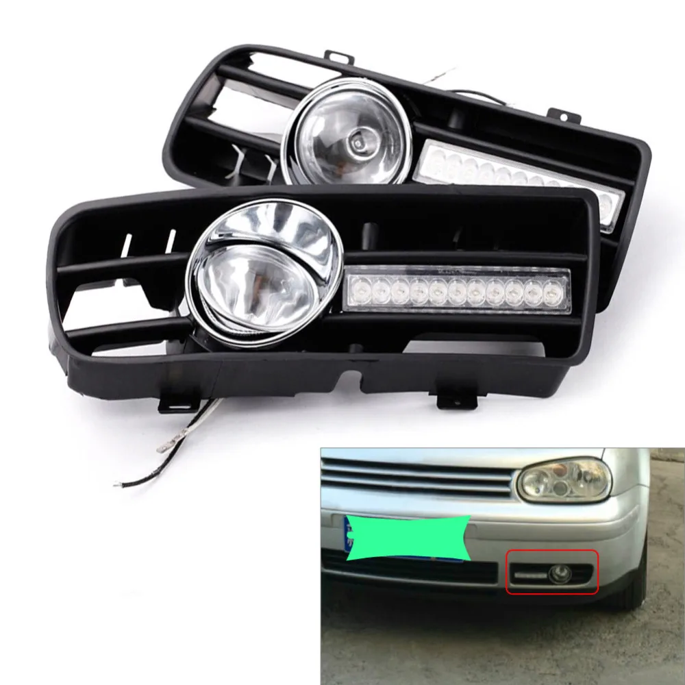 2pcs H3 Fog Lights Grilles With LED DRL Lamp for 1997 2006 VW Golf GTi / TDI MK4 in Car Light