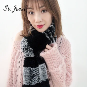 

ST. Jessi 2019 New Overlength Thickening Warm Winter Scarf Real Natural Rabbit Fur Knitted Unisex Shawl Solid Stripe Pattern