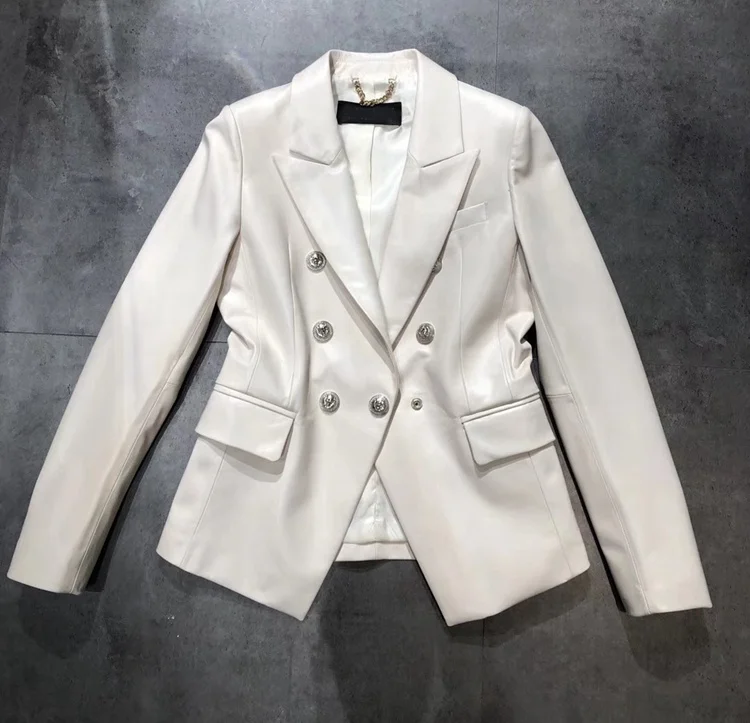 

Elegant White Real Leather Blazer Chic Slim Fit Lambskin Short Jacket Office Lady Stylish Genuine Leather Coat Jackets