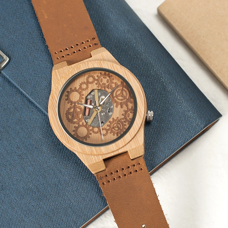 BOBO BIRD V-B09 Mens Bamboo Wood Watch 2035 Movement Exposed Design Luminous Hands Quartz Watch montre homme marque de luxe
