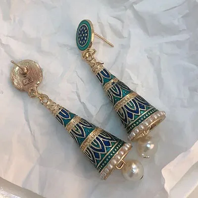 Золотые металлические индийские Jhumki Jhumka минималистичные серьги, корейская мода, винтажные богемные этнические болливудские ювелирные изделия, вечерние аксессуары для ушей - Окраска металла: blue