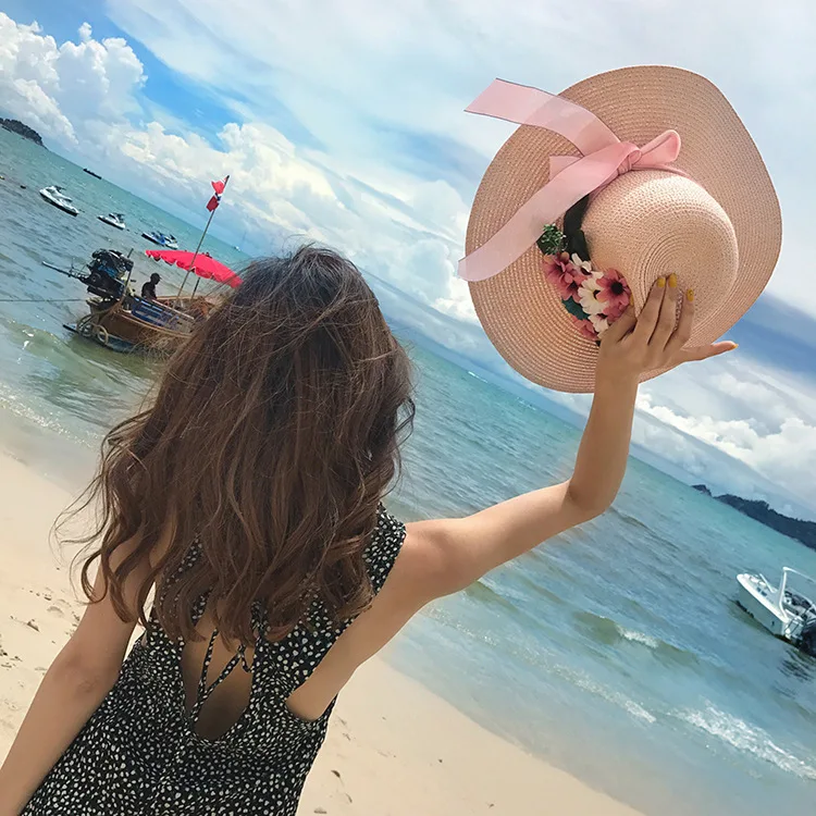 2018 Summer New Arrived South Korean Style Flower Bow-Knot Straw Hat Beach Sunscreen Casual Sun Hat ACA87 (1)