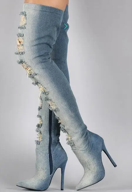 2018 Fashion Demin Sexy Boot Over the Knee Cut-Outs High Thin Heel Women Boots Winter Pointed Toe Long Denim Boots Size 34 to 42 цена 2018 Fashion Demin Sexy Boot Over the Knee Cut-Outs High Thin Heel Women Boots Winter Pointed Toe Long Denim Boots Size 34 to 42 цены онлайн