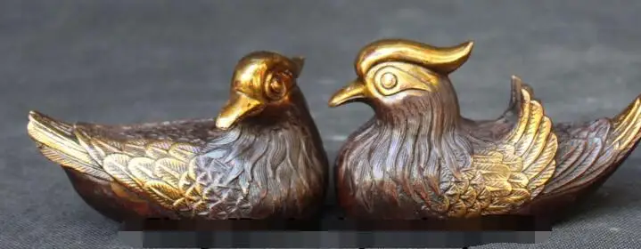 

S00181 5" China Fenfsgui Bronze Gilt Animal Mandarin Duck aix galericulata pair Statue B0403