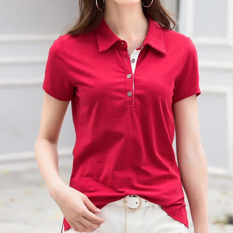 Новые женские рубашки-поло, хлопковые женские рубашки, одноцветные рубашки, женские топы, женские футболки с коротким рукавом и отложным воротником на пуговицах# KQ1818 - Цвет: Red