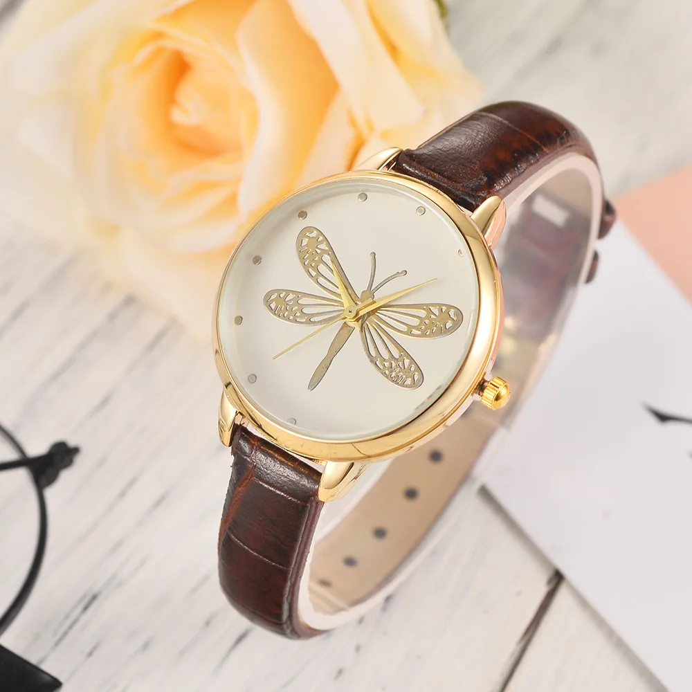 

Fashion Ladies Big Dragonfly Watches Student Elegant Quartz Leather Band Watch Head Watches Creative For Girl zegarek damski