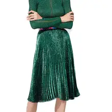 Новинка осень зима зеленый с брюликами расшитый блёстками женские юбки винтажные юбки с высокой талией женские элегантные миди плиссированная юбка