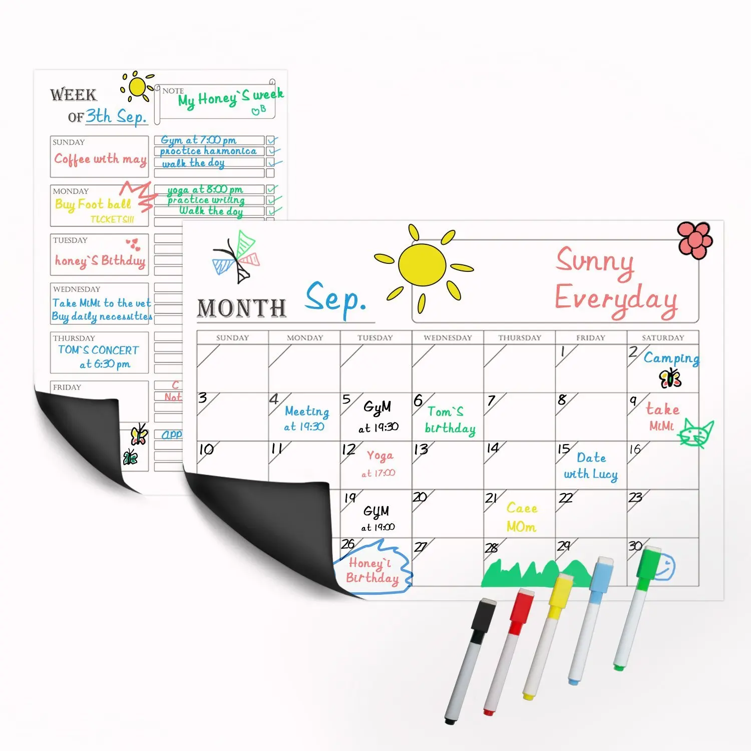 

2PCS/SET Magnetic Refrigerator Wall Art Sticker Calendar Monthly Weekly Planner Kitchen Living Room White Board Erase 42x30cm