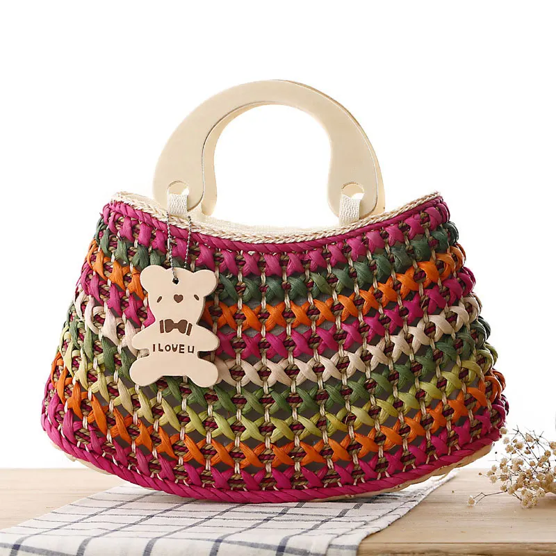 

2016 Famous Brand Patchwork Beach Bag European and American Popular Straw Bags with Flower Knitting Women Handbags