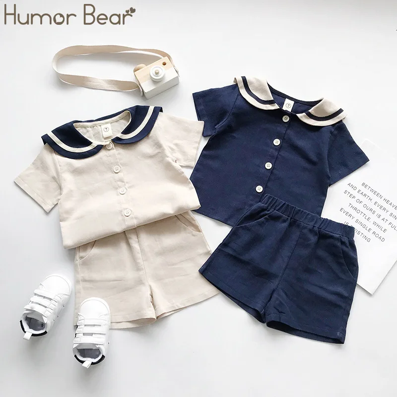 Humor Bear/японский и корейский стиль, темно-синий стиль, Детская Хлопковая льняная футболка с матросским воротником+ штаны, комплекты летней одежды из 2 предметов костюм для мальчиков и девочек