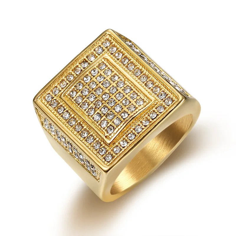 

HIP Hop gold color Micro Pave Rhinestone Iced Out Bling Big Square Ring IP Filled Titanium Stainless Steel Rings for Men Jewelry
