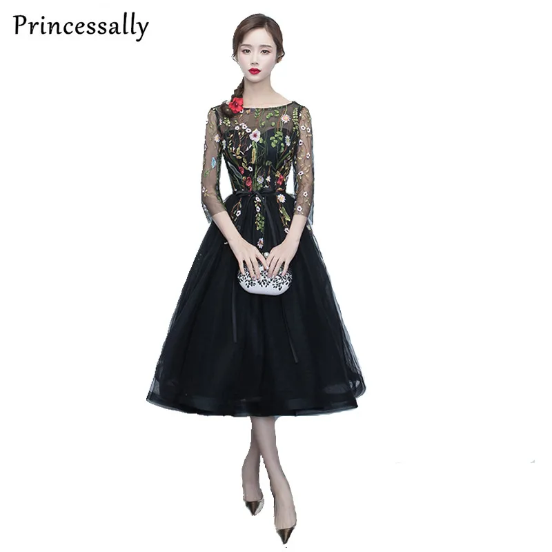 tea length black lace dress
