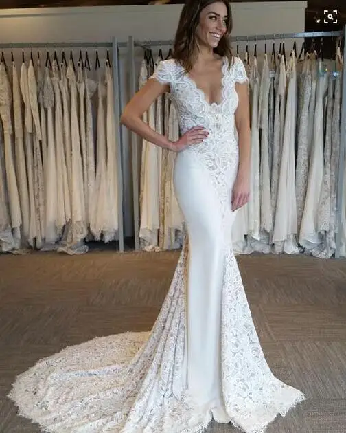 

20179 Summer Berta Wedding Dresses Mermaid Capped Sleeves Lace Bridal Dresses Chapel Train OPen Back Garden Country Wedding