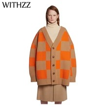 WITHZZ осенний и зимний длинный клетчатый свитер, кардиган, свободное вязаное пальто для женщин, женские кардиганы, одежда размера плюс, куртка