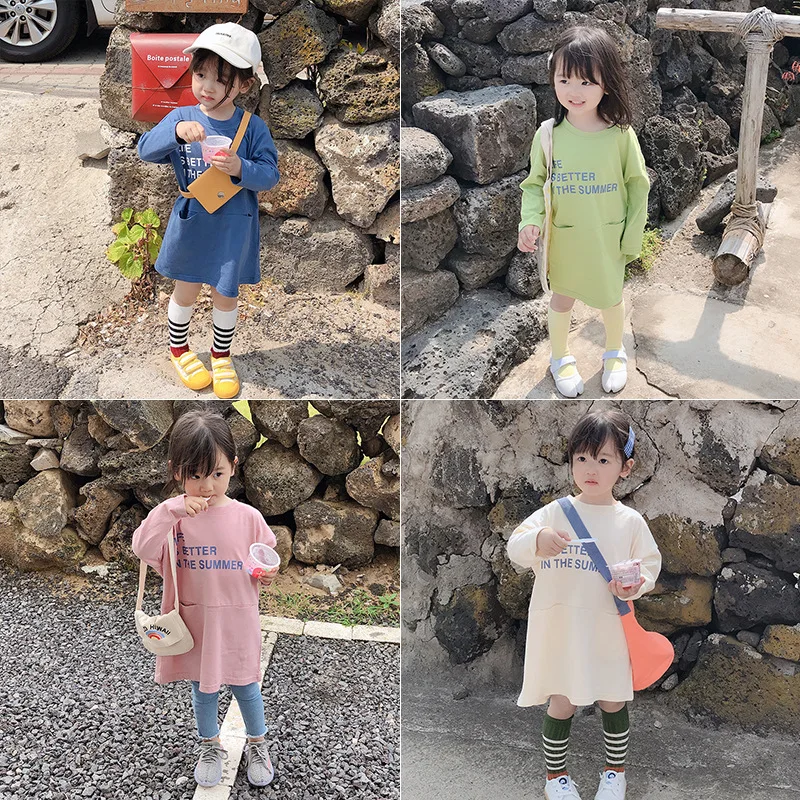 

Child Baby Pocket Long T-shirt Cotton Baby Girls Shirts Letters Printed Infant Loose Leisure Outfit Top Tees Kids O-neck Shirts