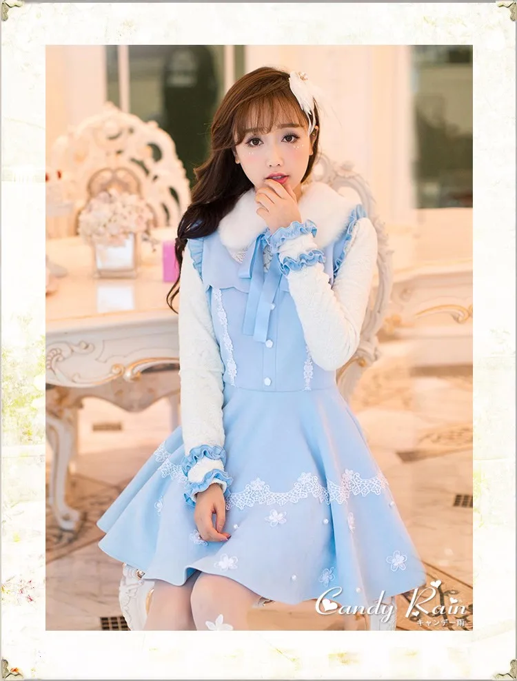 Принцесса сладкий Лолита белое платье конфеты дождь японский дизайн длинный рукав тонкий лук платье японский сладкий C16CD6237