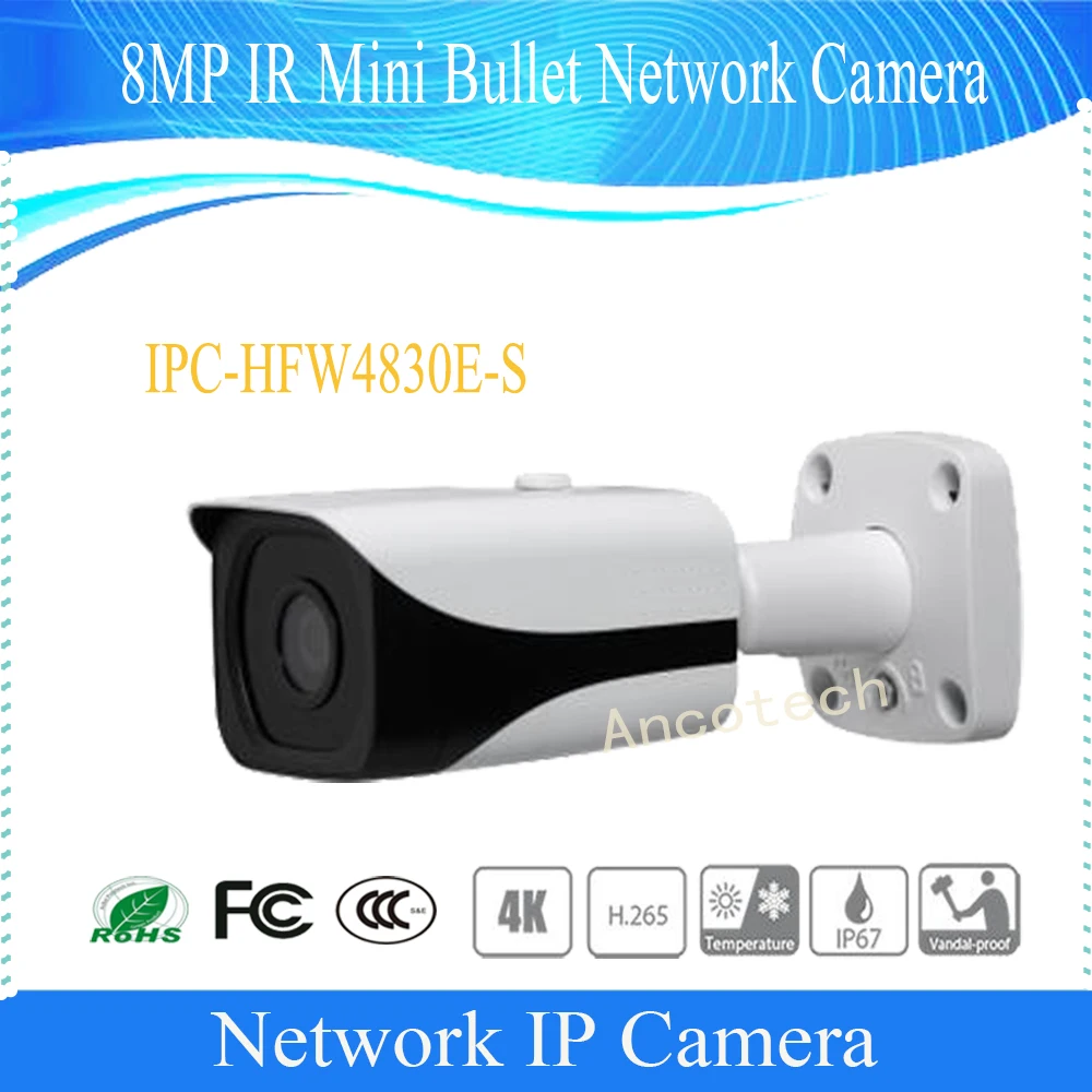 Free Shipping DAHUA Security IP Camera CCTV 8MP FULL HD IR Mini Bullet Network Camera IP67 with POE Without Logo IPC-HFW4830E-S