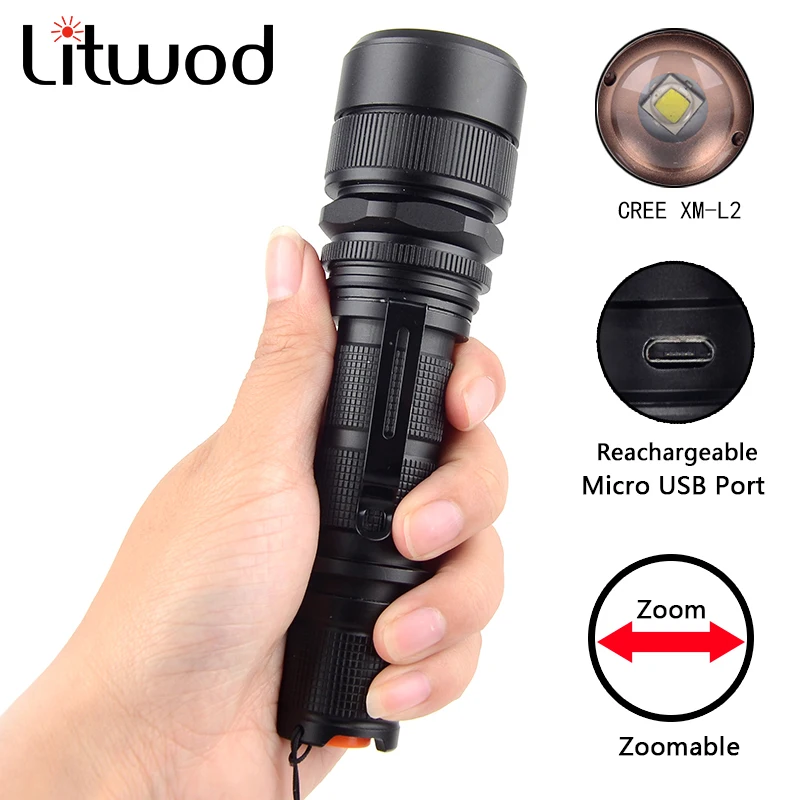 Litwod Z30188 светодиодный фонарик факел XML L2 U2 вспышкой Регулируемая фокус платной лампы Lanterna тактический 5 Режим