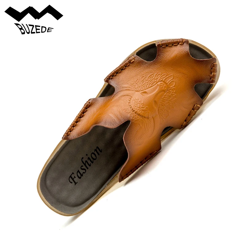 

Fashion Genuine Leather Men Slippers Beach Shoes Men's Shoes 2018 Summer Flat Heels Male Slides Luxury Plus Size 46 Bull Head A+