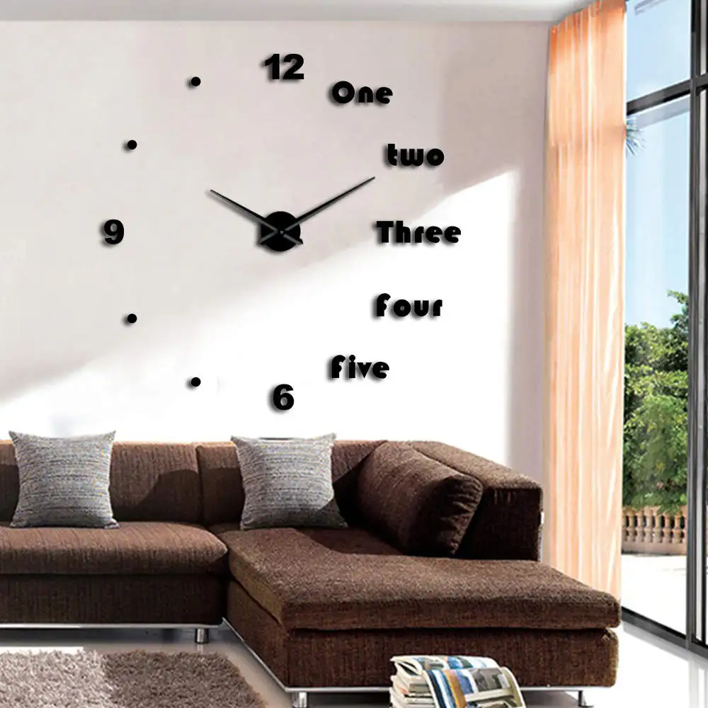 Baratos 1 pieza DIY grandes letras inglesas diseño moderno del reloj de pared reloj DIY gigante Frameless 3D espejo grande Numer pared decoración del reloj