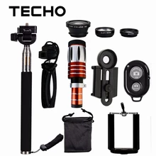 TECHO Clip Lenses Kit 50X Telescope + 3 in 1 Fish Eye Lense + Phone Selfie Stick Holder + Bluetooth Shutter For Smartphone