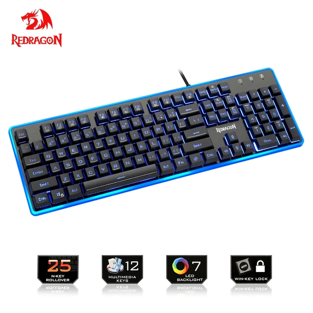 Best Offers Redragon USB gaming Membrane keyboard ergonomic 7 color LED backlit keys Full key anti-ghosting 104 wired PC Computer gamer