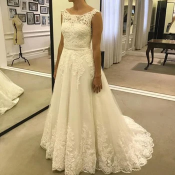 

Robe de marie Vintage Wedding Dress with Lace Appliques Scoop Neck Sleeveless Bridal Gowns 2019 vestidos casamento