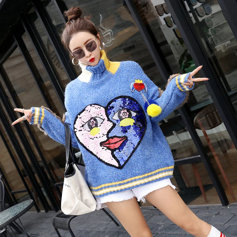 

Thailand tide brand autumn and winter new patch sequins high collar thick sweater female personality wide stitching jacket coat