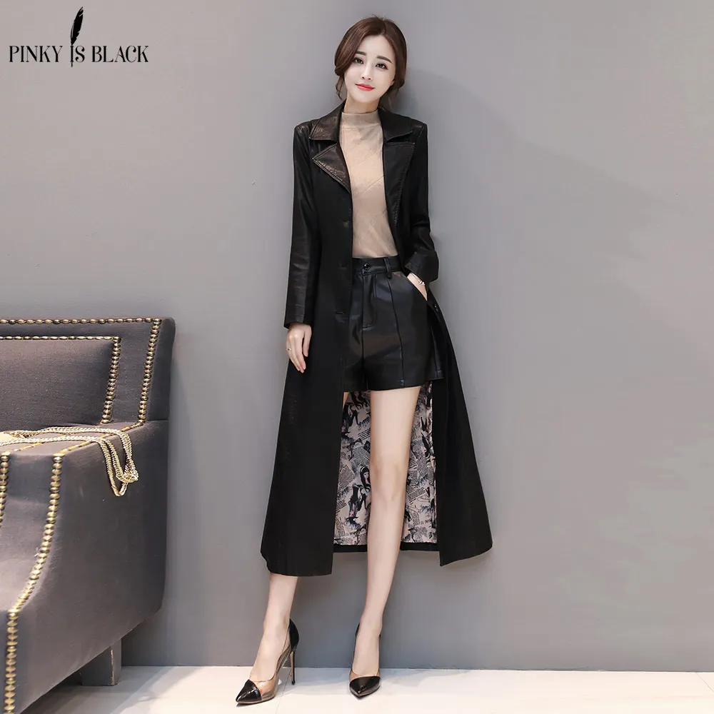 

PinkyIsBlack New Arrival 2018 Winter Autumn Motorcycle leather jackets X-long turn down collar leather jacket women leather coat
