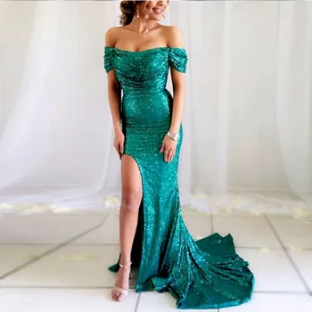 

Sexy Boat Neck Evening Prom Gown Side Split Mermaid Formal Dress for Wedding Party Robe De Soiree