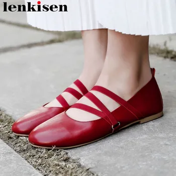 

lenkisen genuine leather slip on classic square toe ballet shoes concise style solid comfotable classic basic grandma shoes L06