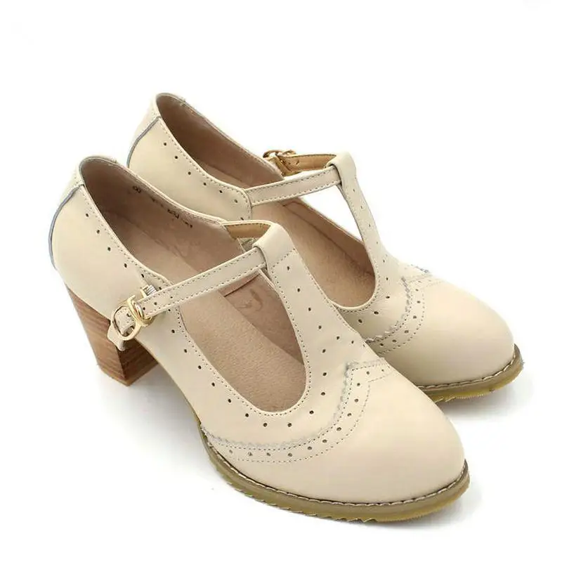 Женская обувь в британском студенческом стиле; сочетающиеся цвета; туфли с Т-образным ремешком ручной работы из натуральной кожи; темно-синие туфли на высоком каблуке; размеры 34-43 - Цвет: beige