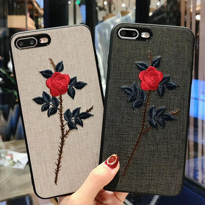 Luxury Plating Embroidered Rose Flower Cover For iPhone 7 Case Slim