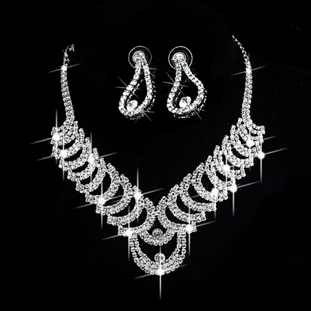 Модный серебряный с кристаллами Свадебный Выпускной Стразы ожерелье серьги Ювелирные наборы