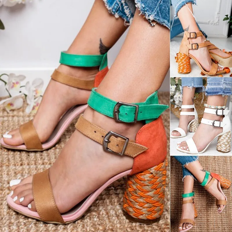

Women High Heel Casual Banquet Sandals Solid Color Matching Style Colorful Buckle High Heels Shoes Size 34-43