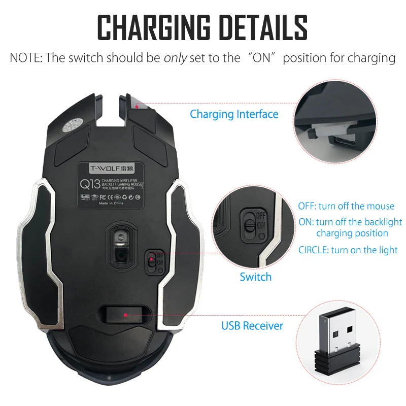 T-WOLF Q13 Rechargeable Wireless Mouse Silent Ergonomic Gaming Mice 6 Keys RGB Backlight 2400 DPI for Laptop Computer Pro Gamer mouse for apple mac